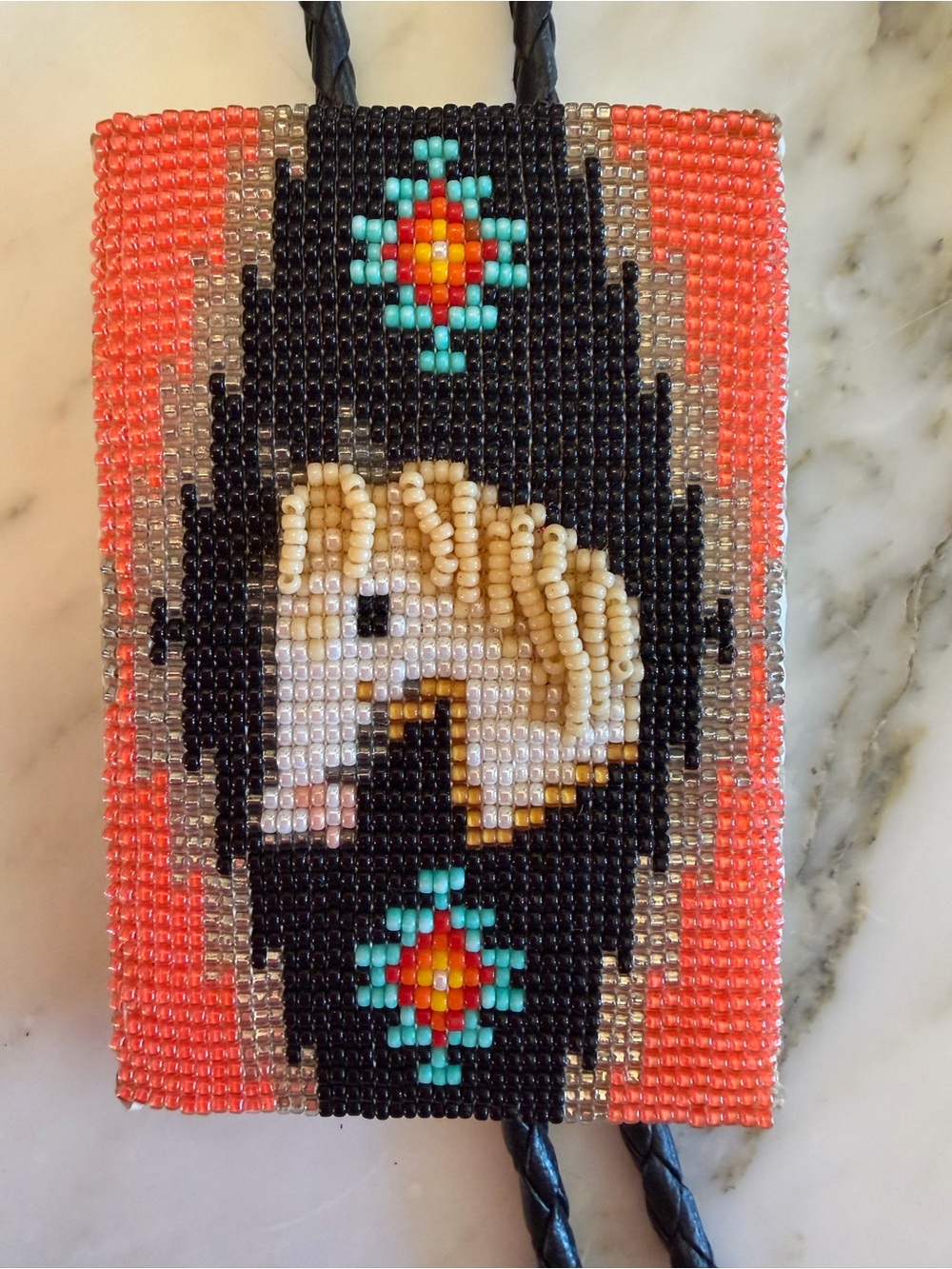 Beaded Kids Bolo Tie Necklace, Coral, Black & Turquoise Horse Motif Pow Wow